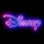 Neon Disney logo glowing against a dark background