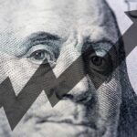 Close-up of a hundred-dollar bill with an upward trend graphic overlay