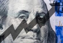 Close-up of a hundred-dollar bill with an upward trend graphic overlay