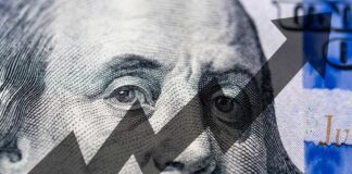 Close-up of a hundred-dollar bill with an upward trend graphic overlay