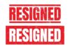 Graphic design featuring the word 'RESIGNED' in bold red letters