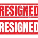 Graphic design featuring the word 'RESIGNED' in bold red letters