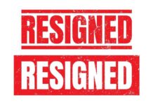 Graphic design featuring the word 'RESIGNED' in bold red letters