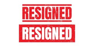 Graphic design featuring the word 'RESIGNED' in bold red letters