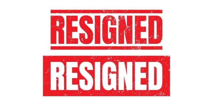 Graphic design featuring the word 'RESIGNED' in bold red letters