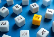 A yellow cube with the word 'JOB' surrounded by white cubes with the same word on a blue background