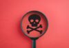Magnifying glass focusing on a skull and crossbones symbol against a red background