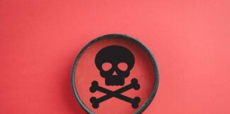 Magnifying glass focusing on a skull and crossbones symbol against a red background