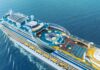 Aerial view of a cruise ship with various deck amenities