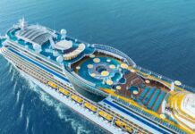Aerial view of a cruise ship with various deck amenities