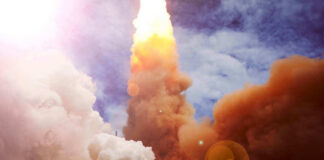 Rocket launching with smoke and flames.