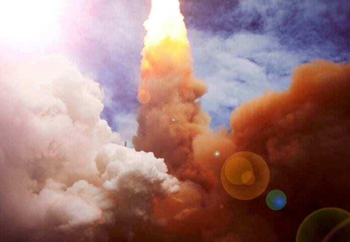 Rocket launching with smoke and flames.