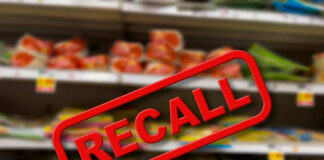 Recall notice over grocery store shelves.