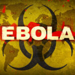 Biohazard symbol over world map referencing Ebola