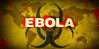 Biohazard symbol over world map referencing Ebola