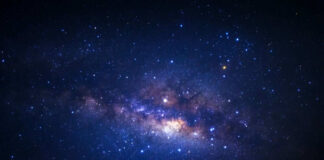 Starry night sky with bright Milky Way galaxy
