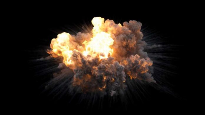 3d,Illustration,Of,Ground,Explosion,With,Radiant,Blast,And,Ring A large explosion with flames and smoke against a black background