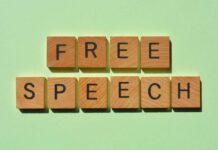 Wooden letter tiles spelling 'FREE SPEECH' on a light green background