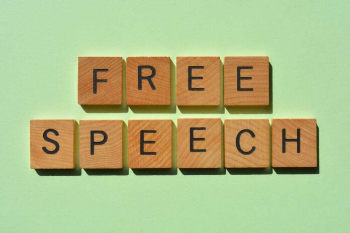 Wooden letter tiles spelling 'FREE SPEECH' on a light green background
