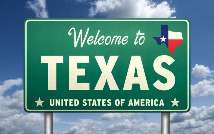 Welcome sign for Texas with the state flag
