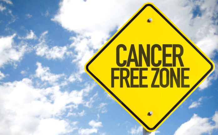 Cancer,Free,Zone,Sign,With,Sky,Background A yellow warning sign that reads 'CANCER FREE ZONE' against a blue sky