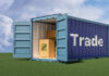 Trade Knife-Fight Begins Shipping container reading tariffs on the American flag