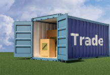 Trade Knife-Fight Begins Shipping container reading tariffs on the American flag