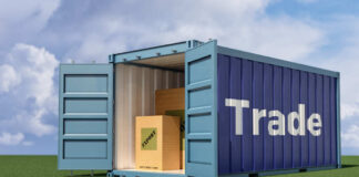 Shipping container reading tariffs on the American flag
