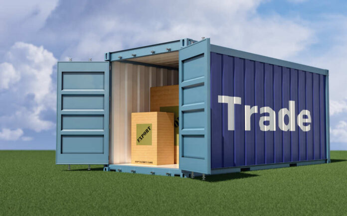 Freight,Container,With,The,Word,"trade",On,The,Side, Shipping container reading tariffs on the American flag