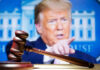 Supreme Court Snub Triggers Painful Trump Payout Gavel with Donald Trump speaking in the background.