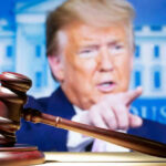 Supreme Court Snub Triggers Painful Trump Payout Gavel with Donald Trump speaking in the background.