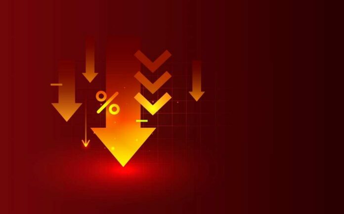 shutterstock_2708280999 Graphic representation of downward arrows and a percentage symbol on a red background