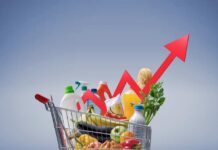 Groceries Rise, Fridges Shrink Shopping cart filled with various groceries in a supermarket aisle