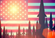 Missile Depletion Exposed — Now What? Missiles silhouetted against American flag background with sunset.