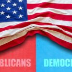 American flag draped over a divided background representing Republicans and Democrats