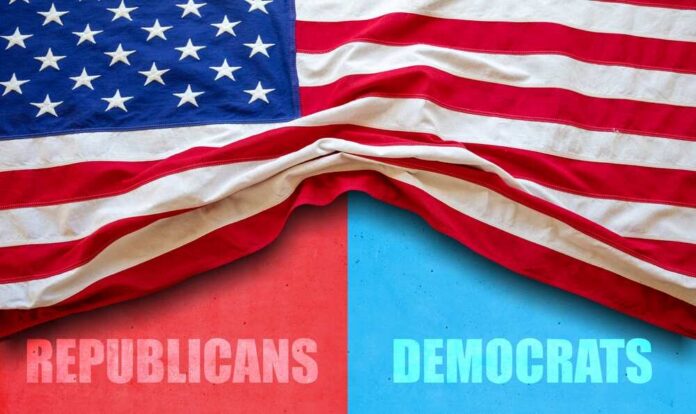 shutterstock_1780460882 American flag draped over a divided background representing Republicans and Democrats