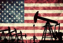 Outrage Erupts: Trump vs. Big Oil Silhouettes of oil pumps in front of a distressed American flag