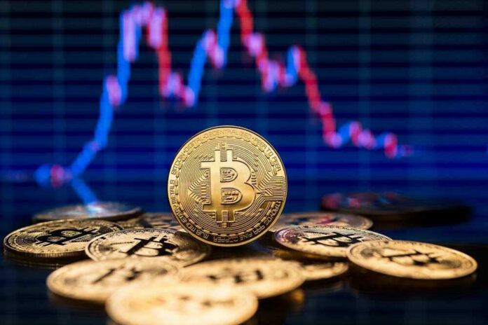shutterstock_2246342051 Bitcoin coins with a fluctuating price chart background.