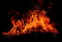 Bright flames dancing against a black background