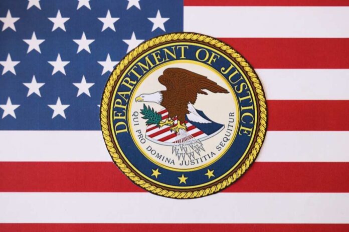 Department of Justice seal on American flag background