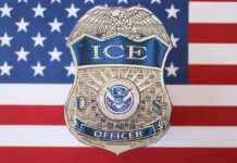 ICE officer badge displayed against an American flag background