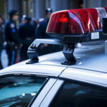 Police car lights with officers blurred in background.