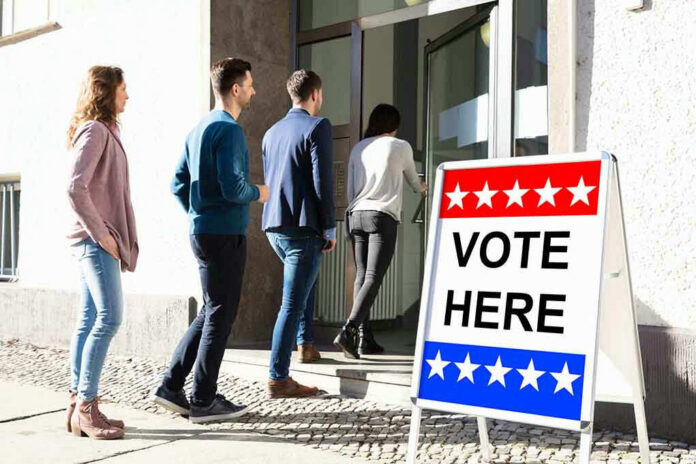 People entering building with Vote Here sign nearby.