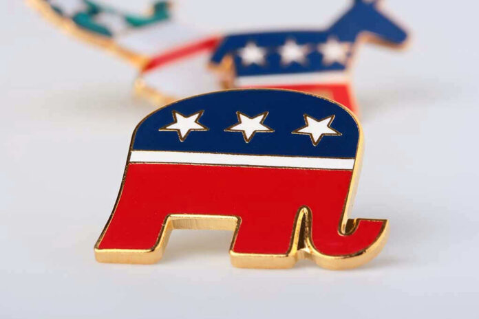 53800150 Republican elephant and Democratic donkey pins.