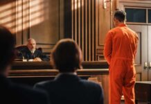 Defendant in orange jumpsuit stands before a judge in a courtroom