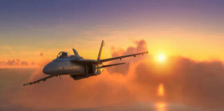 Fighter jet flying towards sunset over the ocean.