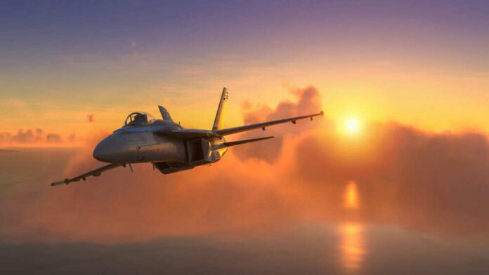 Fighter jet flying towards sunset over the ocean.