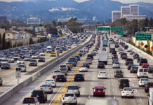 Heavy traffic on a multi-lane highway.