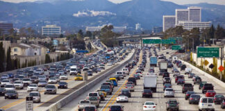 Heavy traffic on a multi-lane highway.