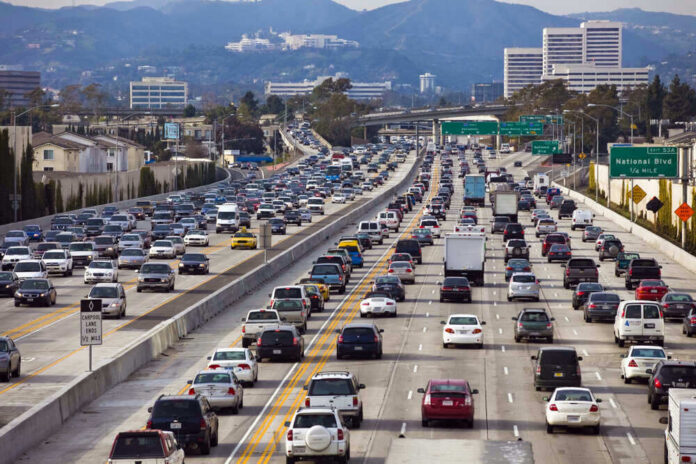 Heavy traffic on a multi-lane highway.